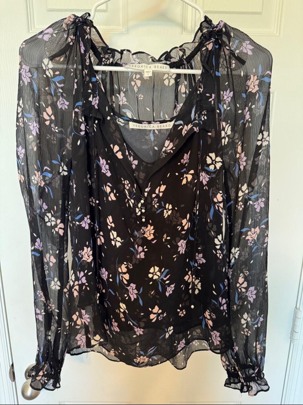 Veronica Beard Black Sheer Floral Tie-Neck Blouse + Cami